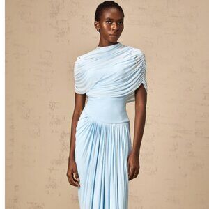 Catherine asymmetric pleated maxi dress in Baby-blue